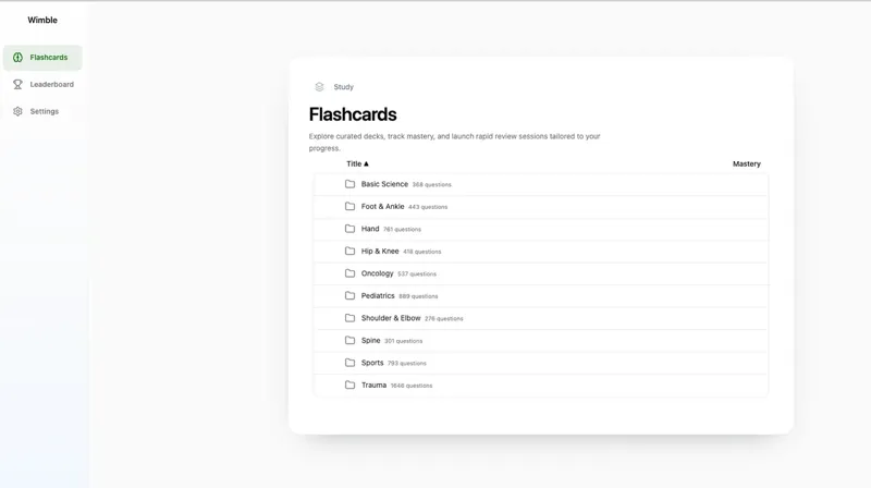 Wimble flashcard interface showing a spaced repetition review session